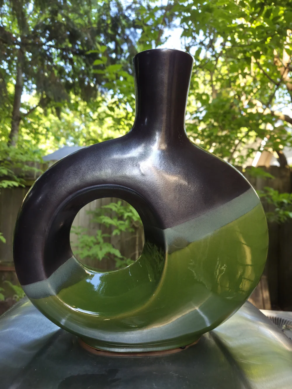 Pier 1 Two-Tone Green and Charcoal Ceramic Hole Vase